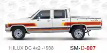 ملصق جانبي هايلكس سنجل تويوتا غمارتين 	
جانبي موديلات السيارات  تويوتا  هيلوكس	
hilux 4WD single 1988side sticker	
Custom-designed adhesive tape for Hilux vehicles	
TOYOTA HILUX PICKUP DLX DOUBLE	
Toyota Hilux 4x2 Double Cab	
خط تويوتا هايلكس  بريمي 1988